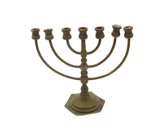 Antique Menorah 7-arm Mini Candlestick holder Vintage Brass Jewish Jerusalem Home Cabinet Decor