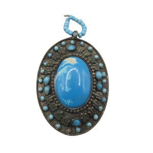 Vintage Scarab Beetle Pendant | Egyptian Revival Statement Jewelry | Faux Turquoise Nickel Silver | Large Oval Talisman Charm