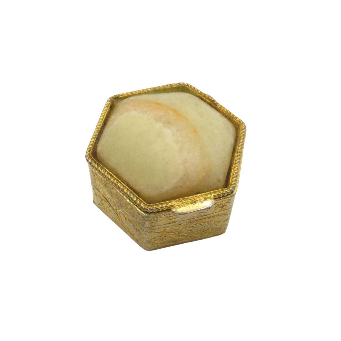 Vintage Gold Tone Gemstone Lid Pill Box Mid Century Collectible