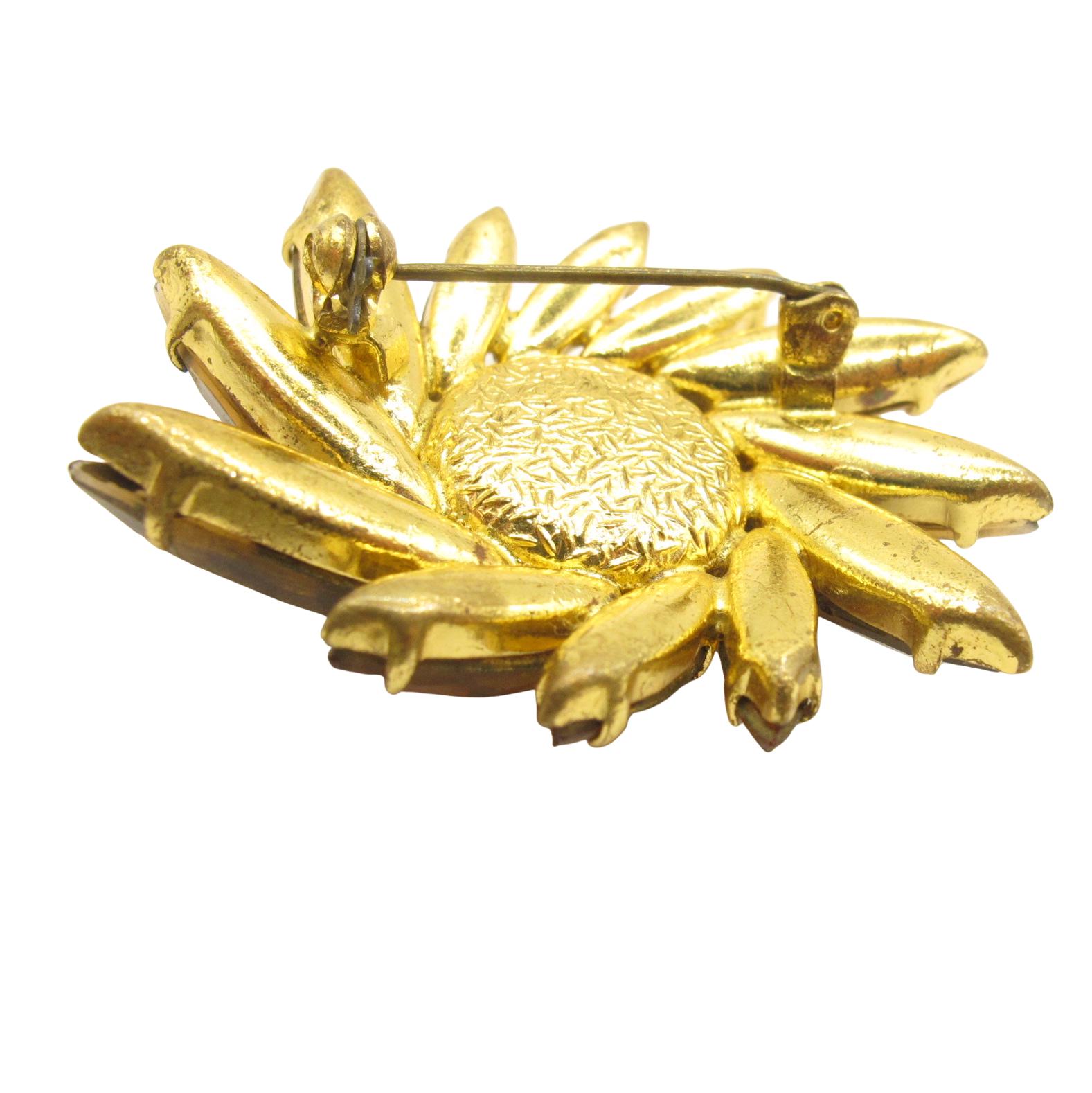 18k GOLD Overly ブローチUSAヴィンテージ ヴィンテージ アンバー ラインストーン フラワー ブローチ ゴールド
