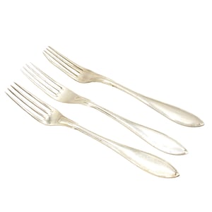 Może przedstawiać: Trzy srebrne widelce o prostym wzorze. Widelce są ułożone w rzędzie, z końcówkami skierowanymi w prawo.