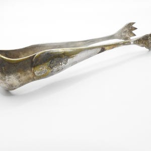 May include: Silver sugar tongs with an ornate design. The tongs are in the shape of a bird's head with a long, curved beak.