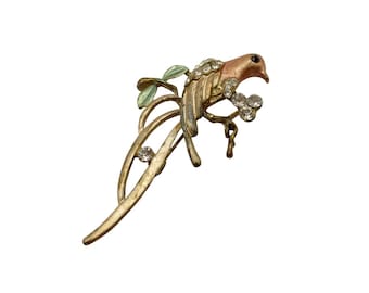 Vintage Rhinestone Bird Brooch: 1980s Floral Branch Pin