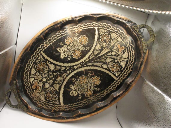 ヴィンテージ銅トレイ：手描きの花柄デザイン、真鍮ハンドル - Etsy 日本