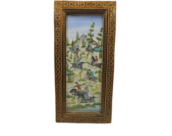 Persian Khatam Inlay Frame | Hand Painted Hunting Scene Miniature | 30cm Khatamkari Mosaic | Highly Collectable