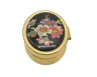 Vintage Floral Pill Box | Hand Painted Enamel Lid | 1960s Art Nouveau Style | Gold Tone Metal Trinket Case