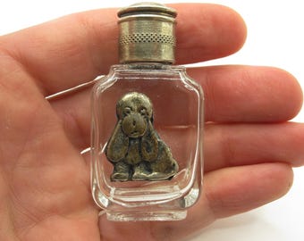 犬のミニチュア透明ガラス香水瓶｜銀メッキキャップ付き化粧水筒｜1980年代ヴィンテージ子犬フィギュア香水瓶｜ミニチュア軟膏ケース