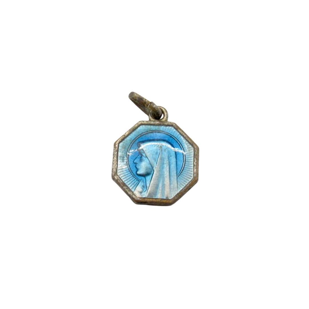 Vintage Our Lady of Lourdes Medal Pendant • Blue Enamel Octagon Charm ...