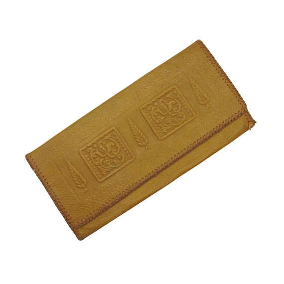 Embossed Leather Clutch Bag | 1970s Tooled Floral Pattern Handbag | Brown Envelope Evening Purse | Boho Retro Accessory