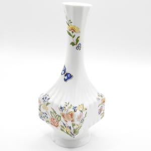 Side view of Aynsley floral bud vase showing slender shape and detailed Pembroke bird design.