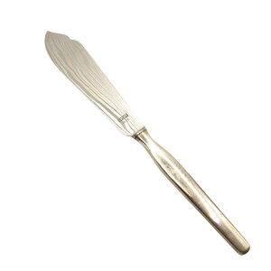 May include: A silver butter knife with a decorative, wavy pattern on the blade and handle. The knife has a pointed tip and a rounded handle.