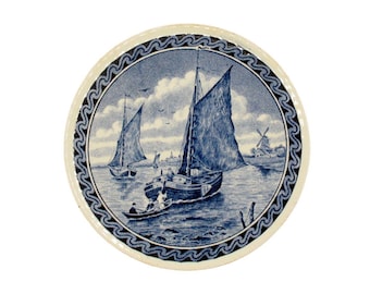 Vintage Delfter Blau Teller | Hollandia Windmühle & Segelboot Wanddekoration