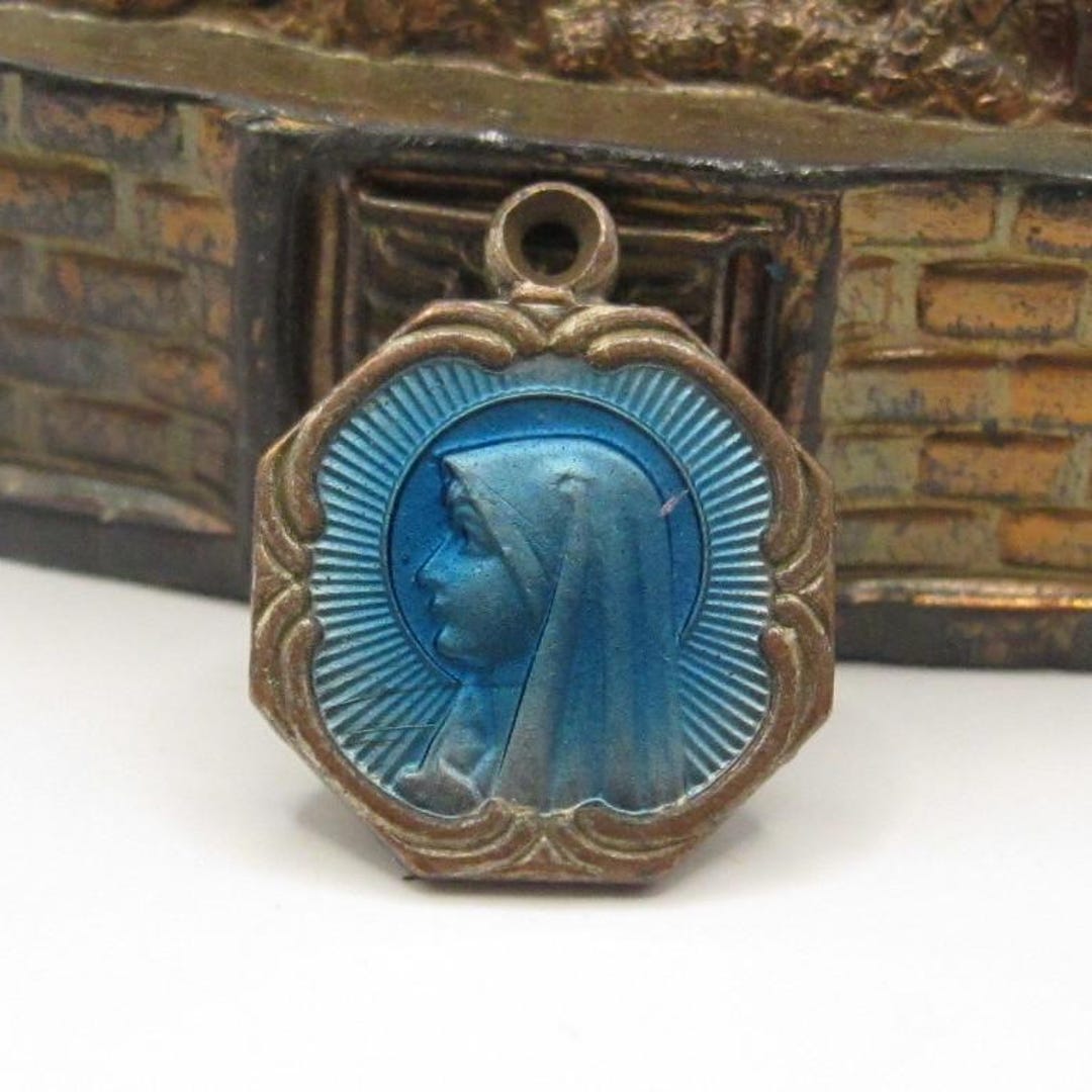 Vintage Blue Enamel Our Lady of Lourdes Medal: Art Deco Copper Pendant ...