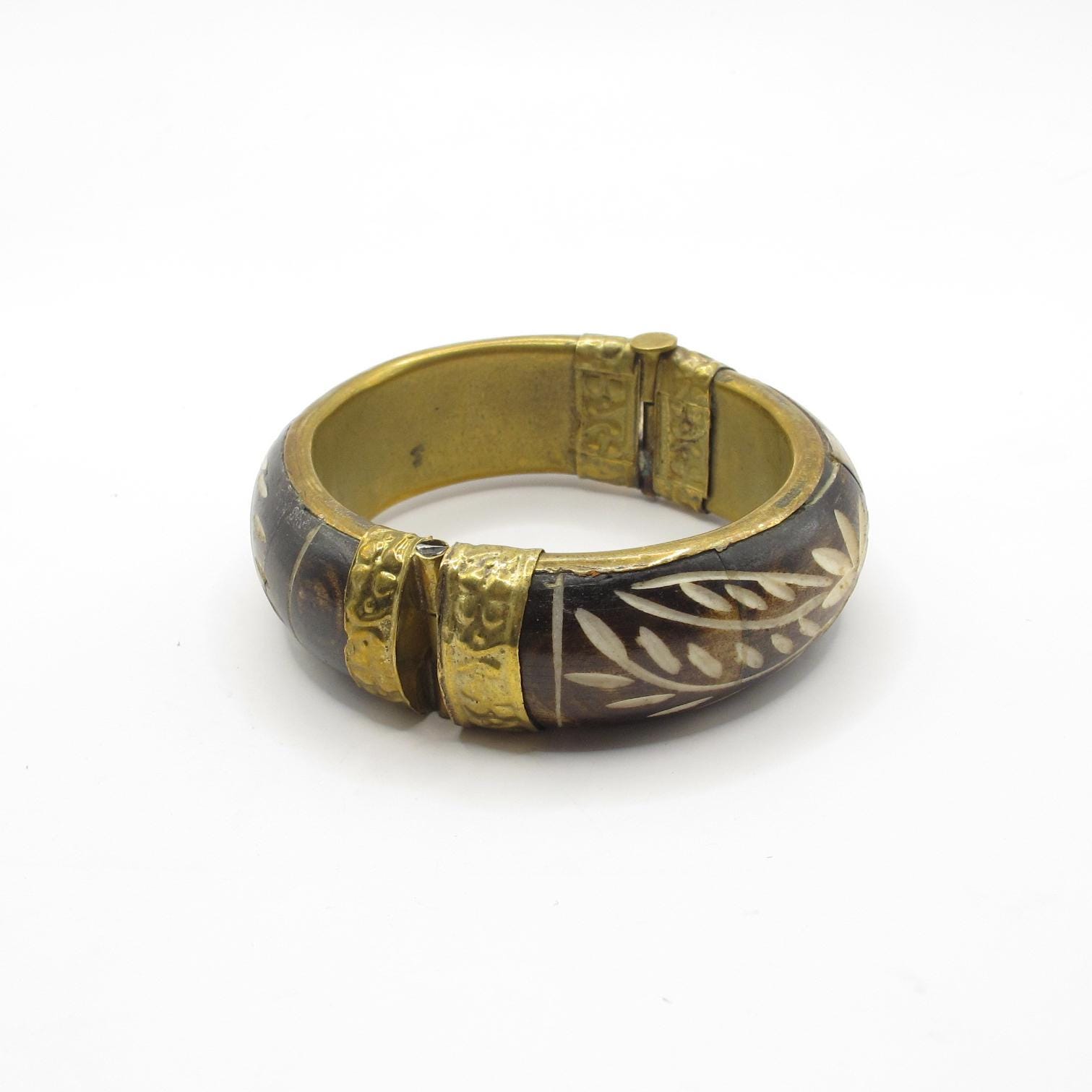 Vintage Hand Carved Horn Bangle Bracelet | Dark Brown Floral