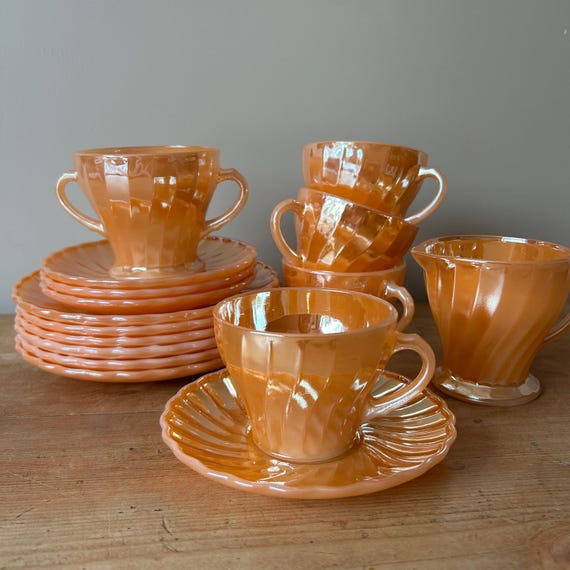 Vintage Fire-king Tea Set – Orange Glass, Mid-century Tableware