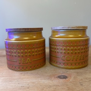 Vintage 1970s Hornsea Saffron Coffee & Tea Jars – Mid-Century Retro Storage Pots – Collectible Kitchenware