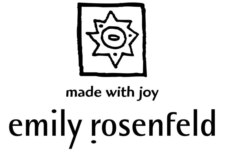 May include: Black and white logo with a starburst design inside a square. The text "made with joy" is below the logo, and the text "emily rosenfeld" is below that.