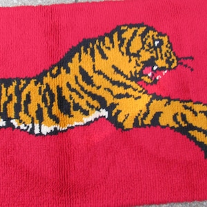 Vintage Latch Hook Red Tiger Rug Wall Hanging