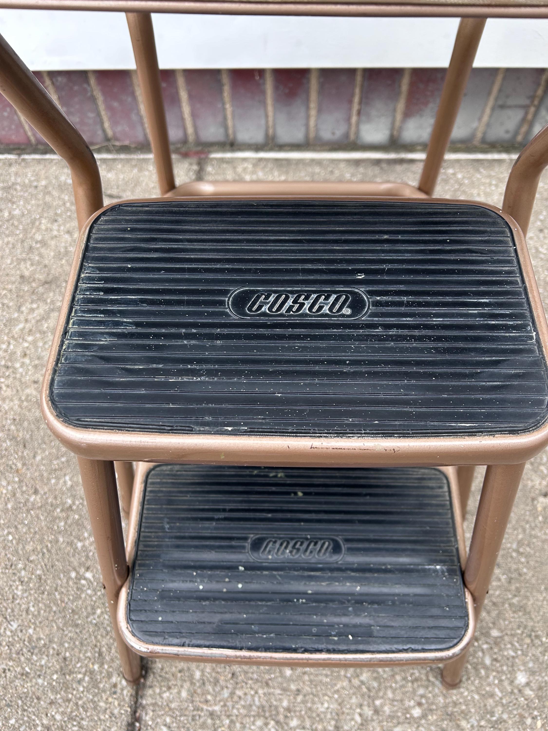 Vintage Cosco Vinyl Padded Step Stool Chair Pull Out Steps Bronze Metal ...