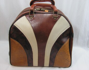 Bolso bowling vintage de vinilo a rayas de piel sintética marrón