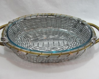 Vintage Clear Blue Glass Casserole Dish with Woven Aluminum Metal Basket Carrier Holder Marinex Brazil