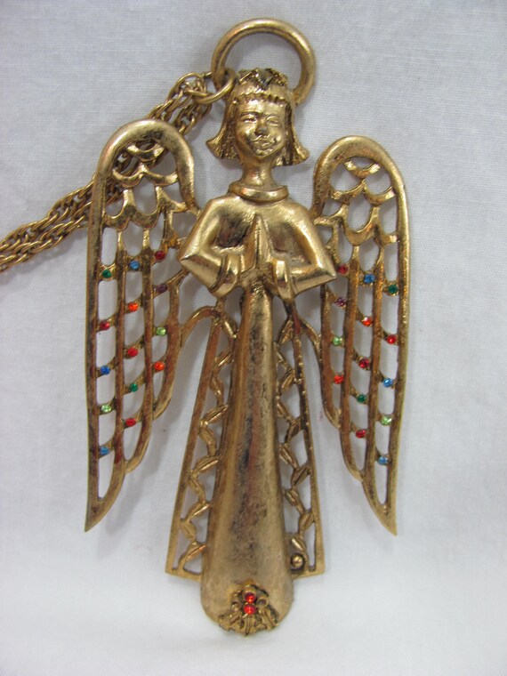 Large Vintage Goldtone Beatrix Angel Pendant with… - image 3