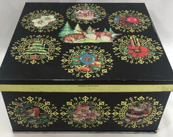 Vintage Huntley & Palmers England Biscuit Tin Litho Golden Snowflakes Christmas Black