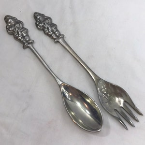 Vintage Pewter Santa Claus Christmas Salad Serving Spoon Fork 11 1/2&quot; Long