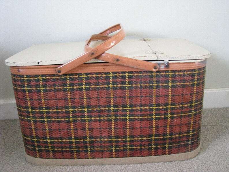 Vintage Red Plaid Wicker Redmon Picnic Basket with Hinged Lid Etsy