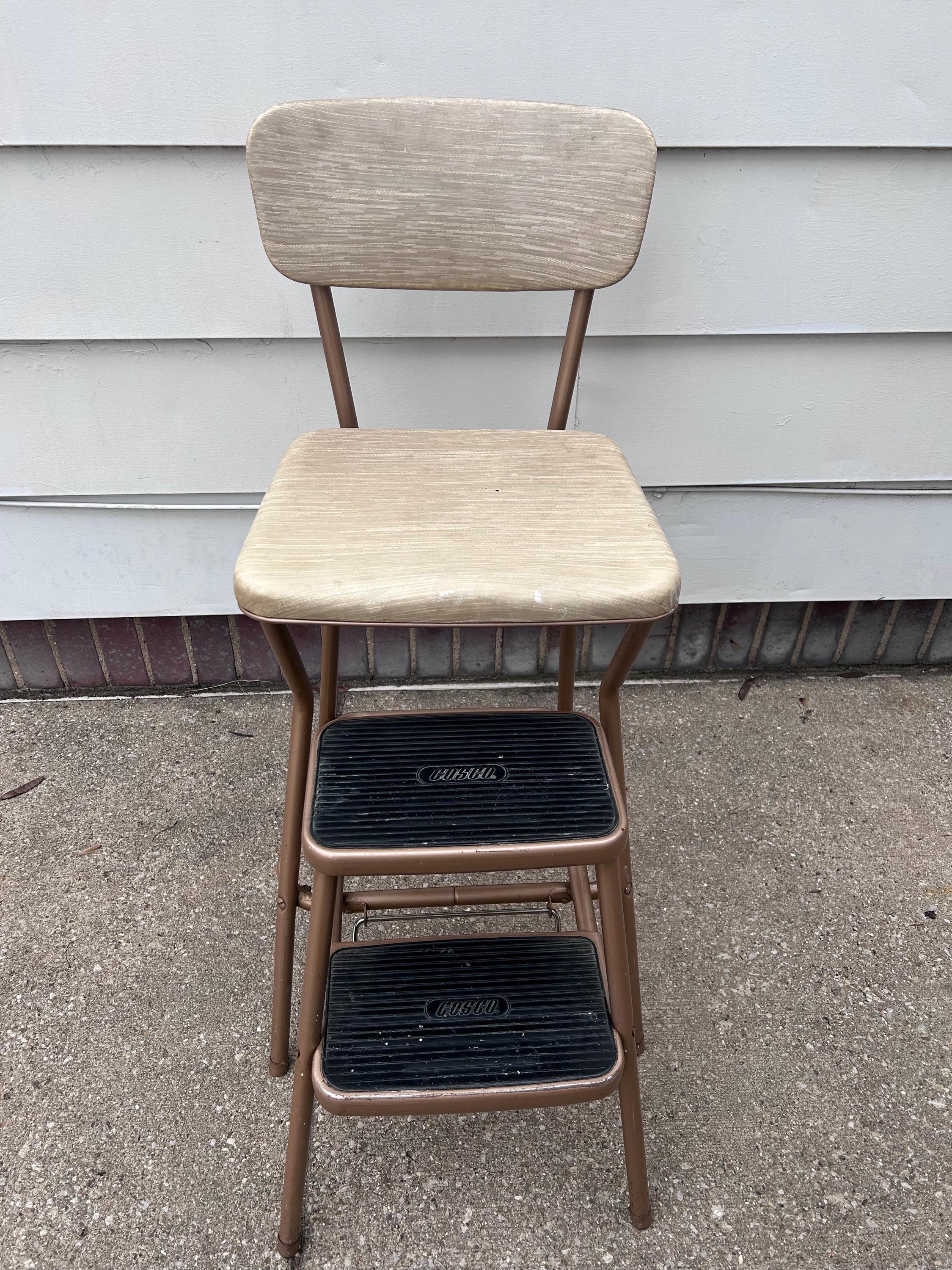 Vintage Cosco Vinyl Padded Step Stool Chair Pull Out Steps Bronze Metal ...