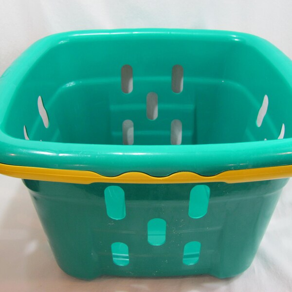 Vintage Rubbermaid Square Teal Yellow Plastic Laundry Basket Hamper 275F