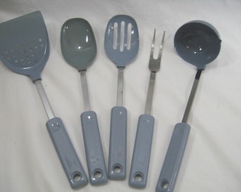 PICK ONE Vintage Ekco Basting Serving Solid Spoon Utensil Heat Resistant Plastic Nylon Dusty Country Blue
