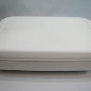 May include: A white rectangular storage container with a matching lid. The container has rounded corners and a smooth surface. The lid fits snugly on top, creating a clean, minimalist look. The container is likely used for storage.