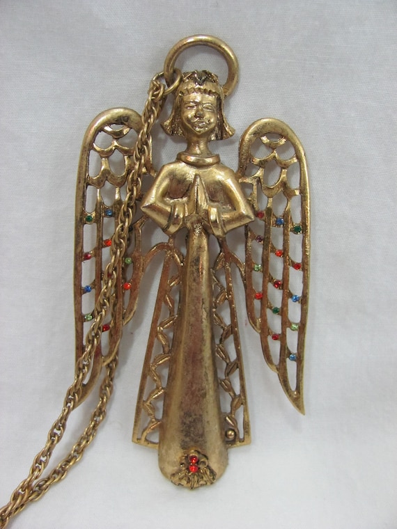 Large Vintage Goldtone Beatrix Angel Pendant with… - image 1