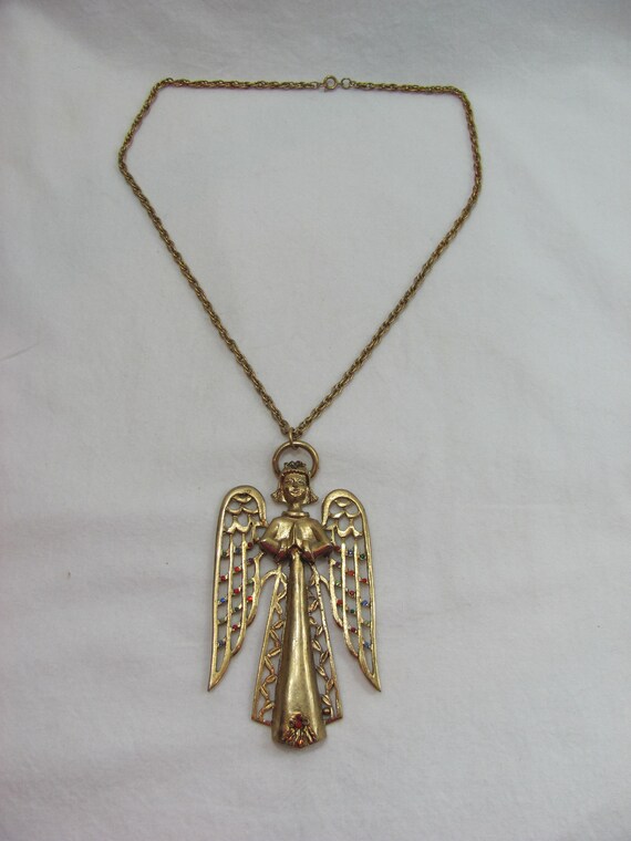 Large Vintage Goldtone Beatrix Angel Pendant with… - image 2