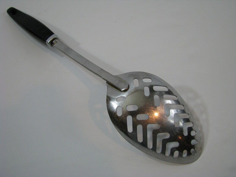 Vintage Ekco USA Chromium Plated Slotted Kitchen Cooks Chefs Serving Spoon Black Plastic Handle Ekco Slotted Serving Spoon