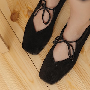 Flats Ballet Black Suede Square Toe Mary Jane Shoes Custom Handmade Work Shoes for Women Gift for Her Minimalist Style Custom Tie Flats