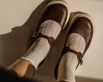 Women&#39;s Mary Jane Shoes Brown Leather shoes Retro Style Low Heels Shoes Retro Mary Jane Wide Toe box Boho Style Shoes