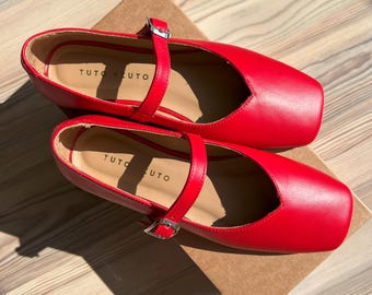Mary janes red flats, custom leather shoes, handmade ballet flats, teacher leather shoes, womens shoes, ukraine sellers, dress shoes women