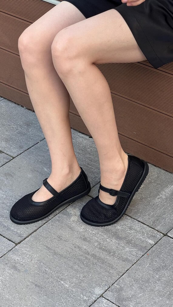 Schwarz Mesh Mary Jane Flats Atmungsaktive Sommerschuhe Breite Toe - Main Image