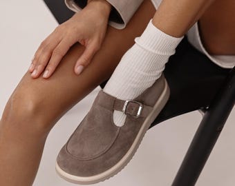 Barefoot women&#39;s Mary Jane, suede t strap shoes, wide toe box shoes, soft leather sole shoes, anatomical Mary Jane, beige suede Mary Jane