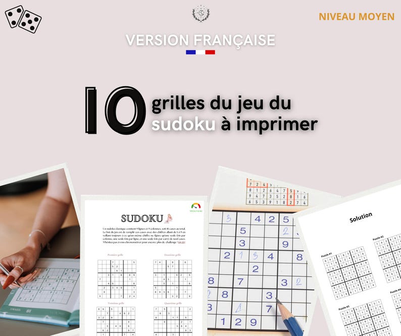 May include: A digital document featuring 10 printable Sudoku puzzles at a medium difficulty level. The layout includes instructional text, multiple grid examples, and a dedicated solution page with numbered puzzle grids for solving and practice.