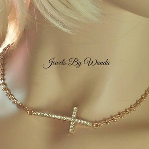 Golden Rhinestone Cross Choker Necklace, Delicate Chain Design