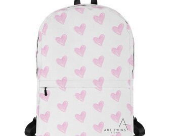 Pink Heart Doodle Backpack: Water-Resistant Laptop Bag, Hidden Pocket