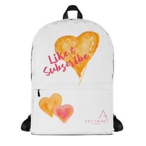 Like & Subscribe White Backpack with Heart Print, Trendy and Functional Laptop Backpack, Hidden Pocket