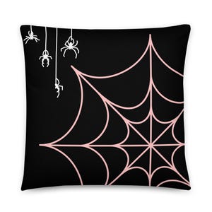 Halloween Throw Pillow: Black, Pink Spider Web & White Spiders, 20x20 Decorative Cushion