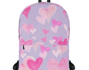 All of the Hearts Backpack, Pink Heart Print, Lavendar Laptop Backpack with Hidden Pocket