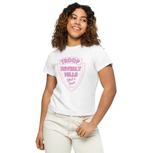 Women’s Troop Beverly Hills High-Waisted T-shirt – Pink & White Crest on White or Green Tee