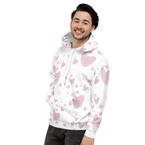 Watercolor Hearts Hoodie, Mens Heart Print Sweatshirt, Pink Streetwear