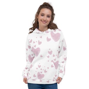 Watercolor Hearts Hoodie, Womens Heart Print Sweatshirt, Pink Streetwear